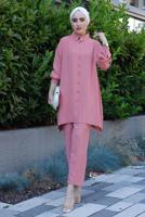 Tesettür giyim PEMBE YAKASI İNCİLİ PANT. TAKIM 2352 