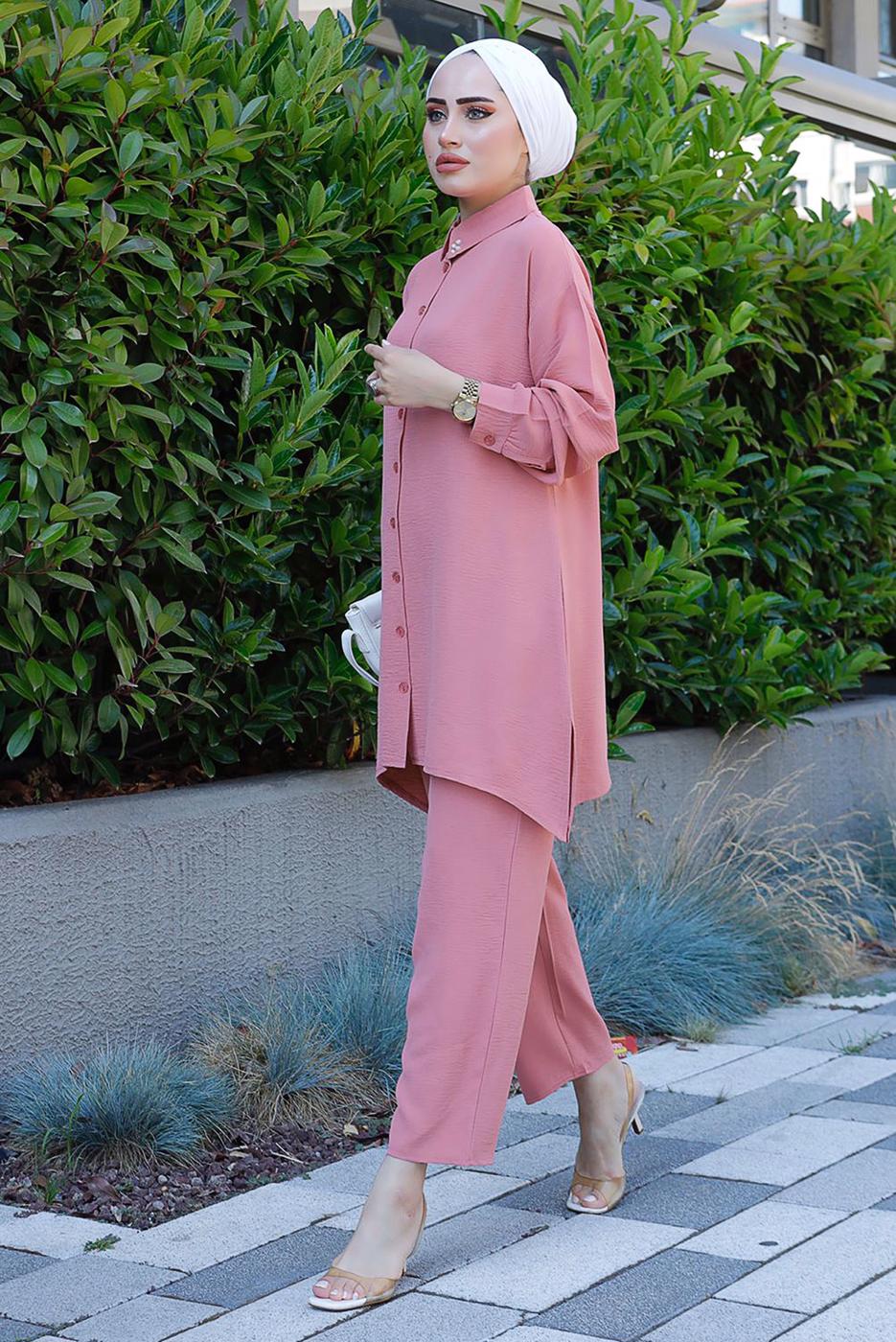 Tesettür giyim PEMBE YAKASI İNCİLİ PANT. TAKIM 2352 