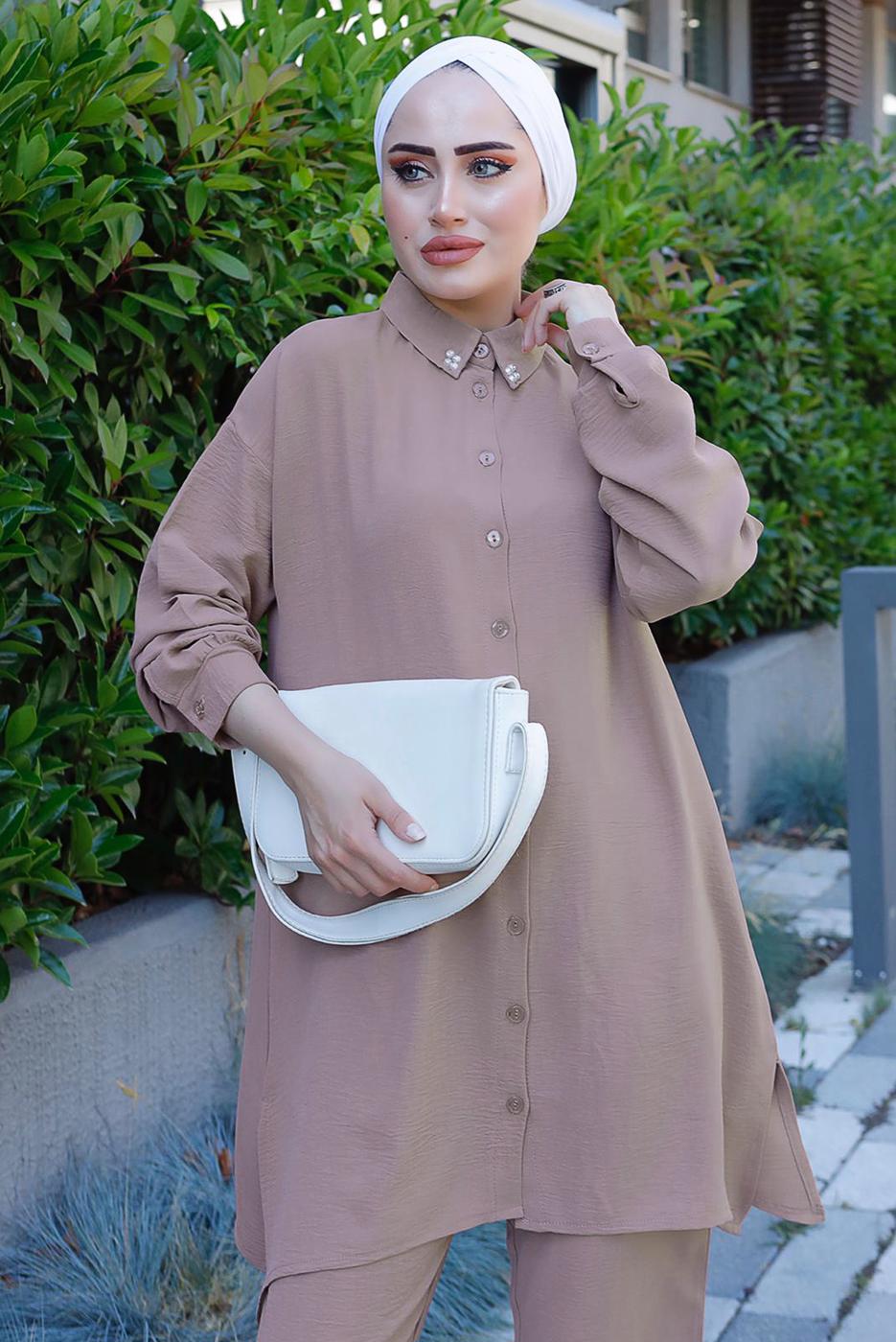 Tesettür giyim PUDRA YAKASI İNCİLİ PANT. TAKIM 2352 