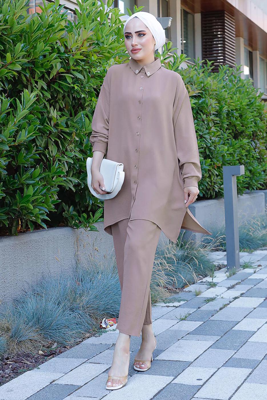 Tesettür giyim PUDRA YAKASI İNCİLİ PANT. TAKIM 2352 