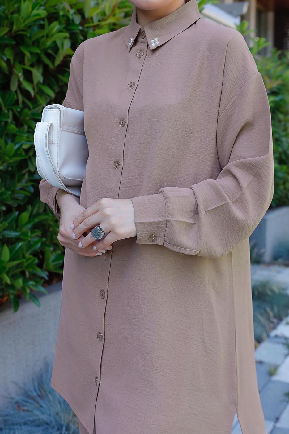 Tesettür giyim PUDRA YAKASI İNCİLİ PANT. TAKIM 2352 