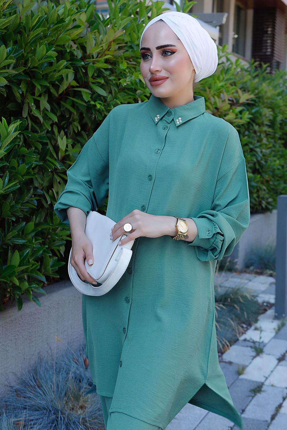 Tesettür giyim YEŞİL YAKASI İNCİLİ PANT. TAKIM 2352 