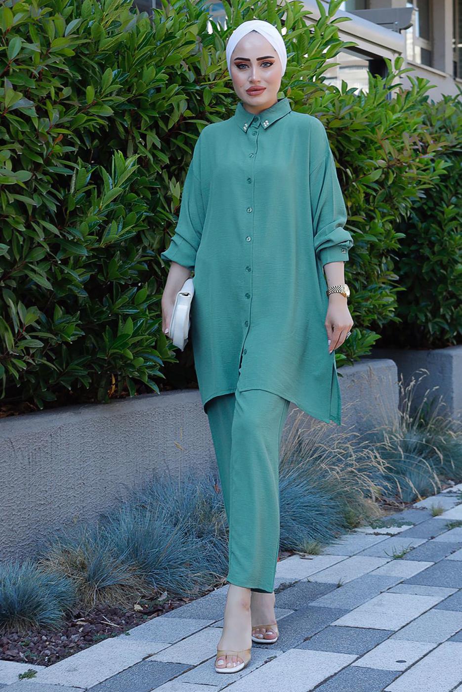 Tesettür giyim YEŞİL YAKASI İNCİLİ PANT. TAKIM 2352 