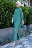 Tesettür giyim YEŞİL YAKASI İNCİLİ PANT. TAKIM 2352 