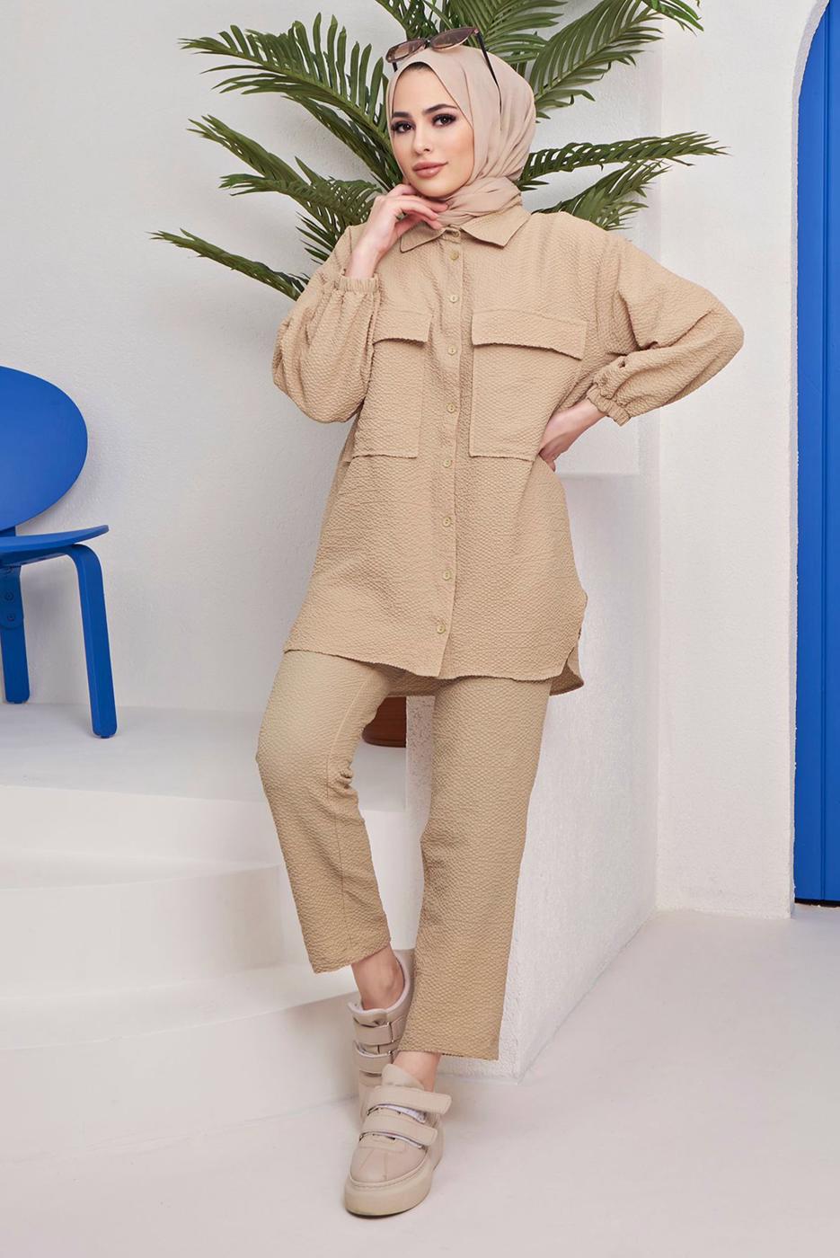 Tesettür giyim KAHVE CEPLİ DÜĞMELİ PANT. TAKIM 24051 