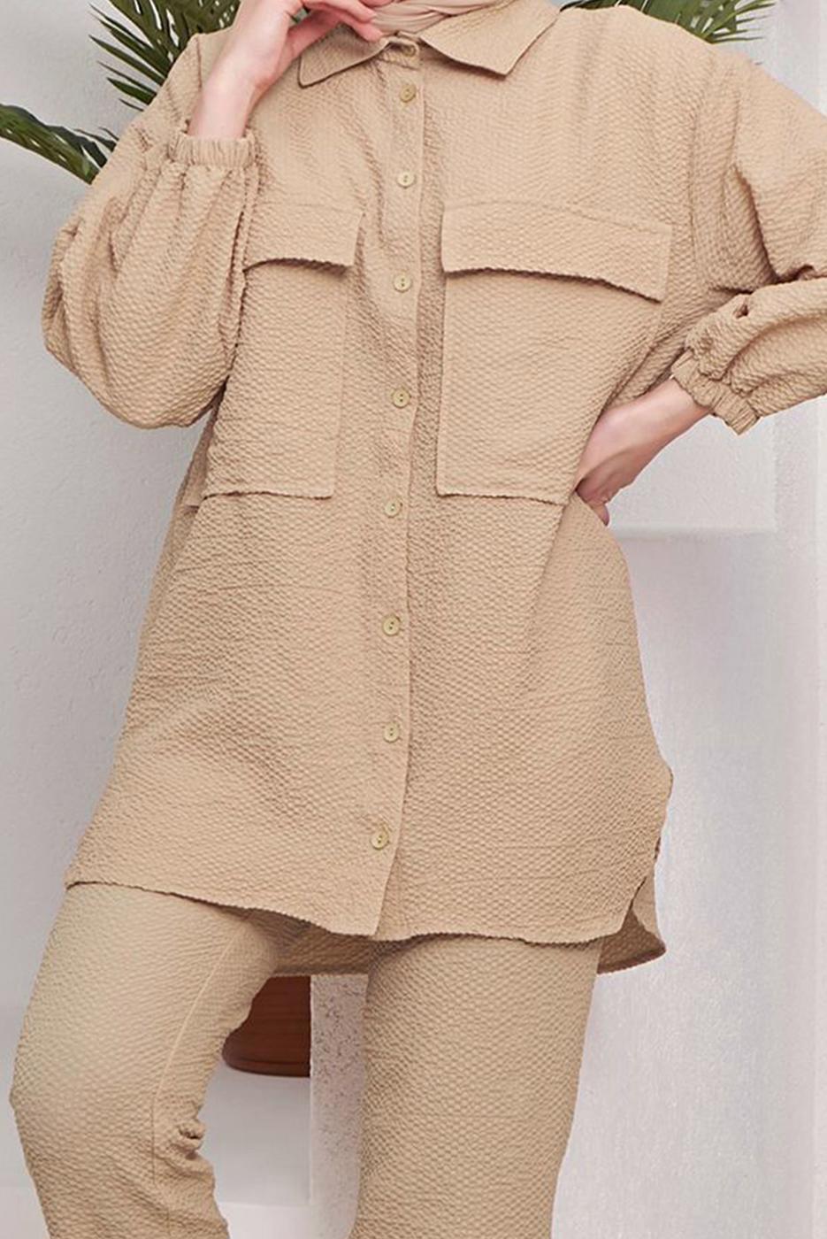 Tesettür giyim KAHVE CEPLİ DÜĞMELİ PANT. TAKIM 24051 