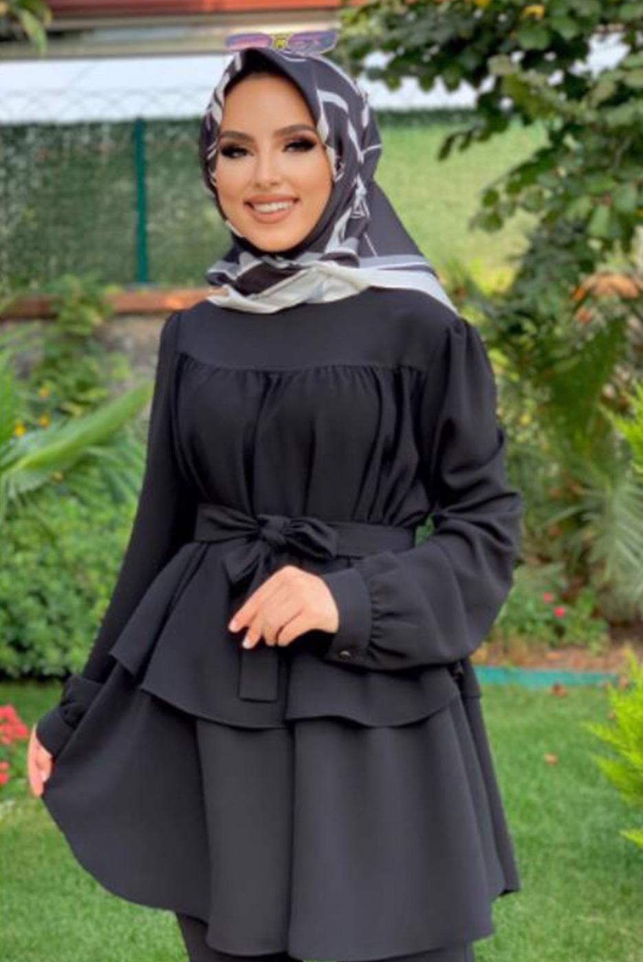 Tesettür giyim SİYAH BELİ KUŞAKLI İKİLİ PANT. TAKIM 2438