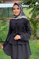 Tesettür giyim SİYAH BELİ KUŞAKLI İKİLİ PANT. TAKIM 2438