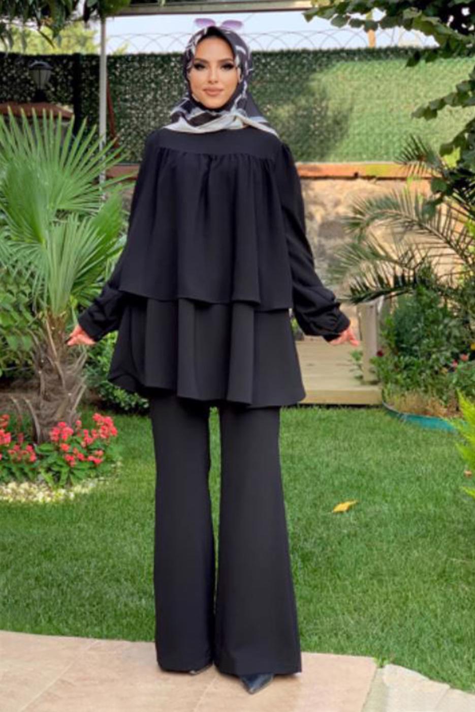 Tesettür giyim SİYAH BELİ KUŞAKLI İKİLİ PANT. TAKIM 2438
