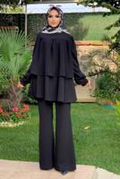 Tesettür giyim SİYAH BELİ KUŞAKLI İKİLİ PANT. TAKIM 2438