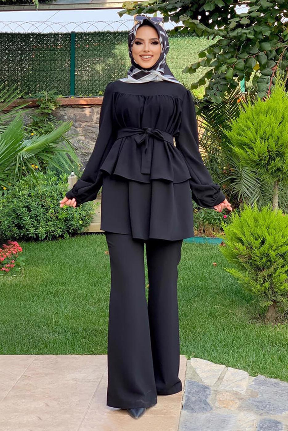Tesettür giyim SİYAH BELİ KUŞAKLI İKİLİ PANT. TAKIM 2438