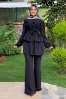 Tesettür giyim SİYAH BELİ KUŞAKLI İKİLİ PANT. TAKIM 2438