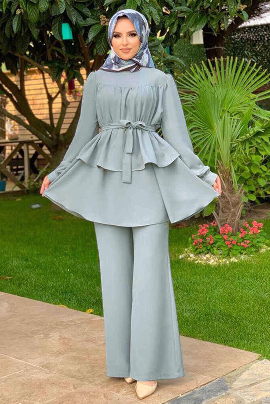 Tesettür giyim GRİ BELİ KUŞAKLI İKİLİ PANT. TAKIM 2438