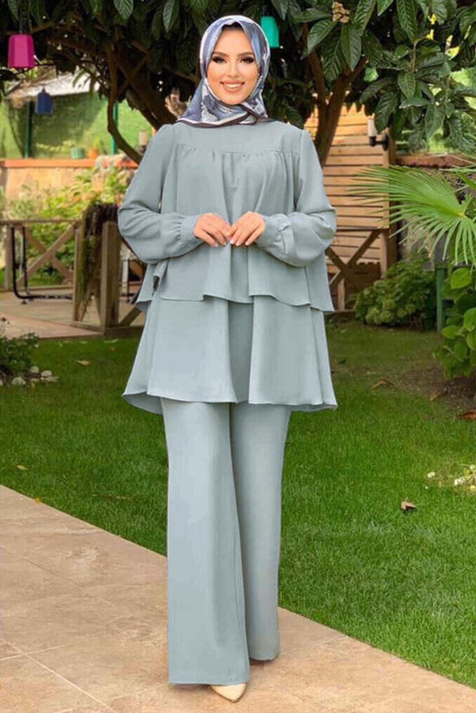 Tesettür giyim GRİ BELİ KUŞAKLI İKİLİ PANT. TAKIM 2438