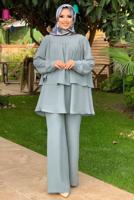 Tesettür giyim GRİ BELİ KUŞAKLI İKİLİ PANT. TAKIM 2438