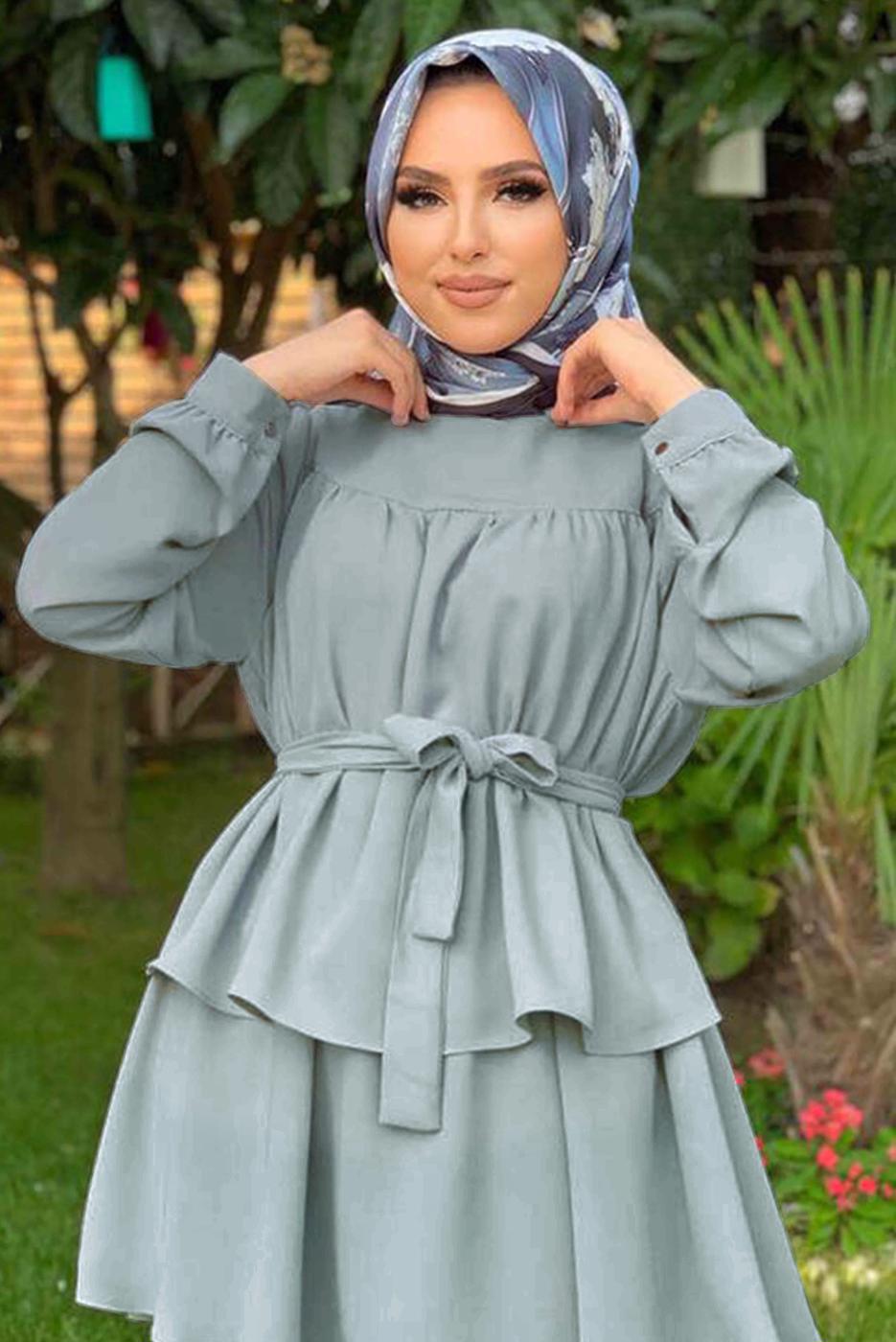 Tesettür giyim GRİ BELİ KUŞAKLI İKİLİ PANT. TAKIM 2438