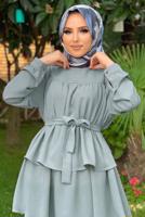 Tesettür giyim GRİ BELİ KUŞAKLI İKİLİ PANT. TAKIM 2438