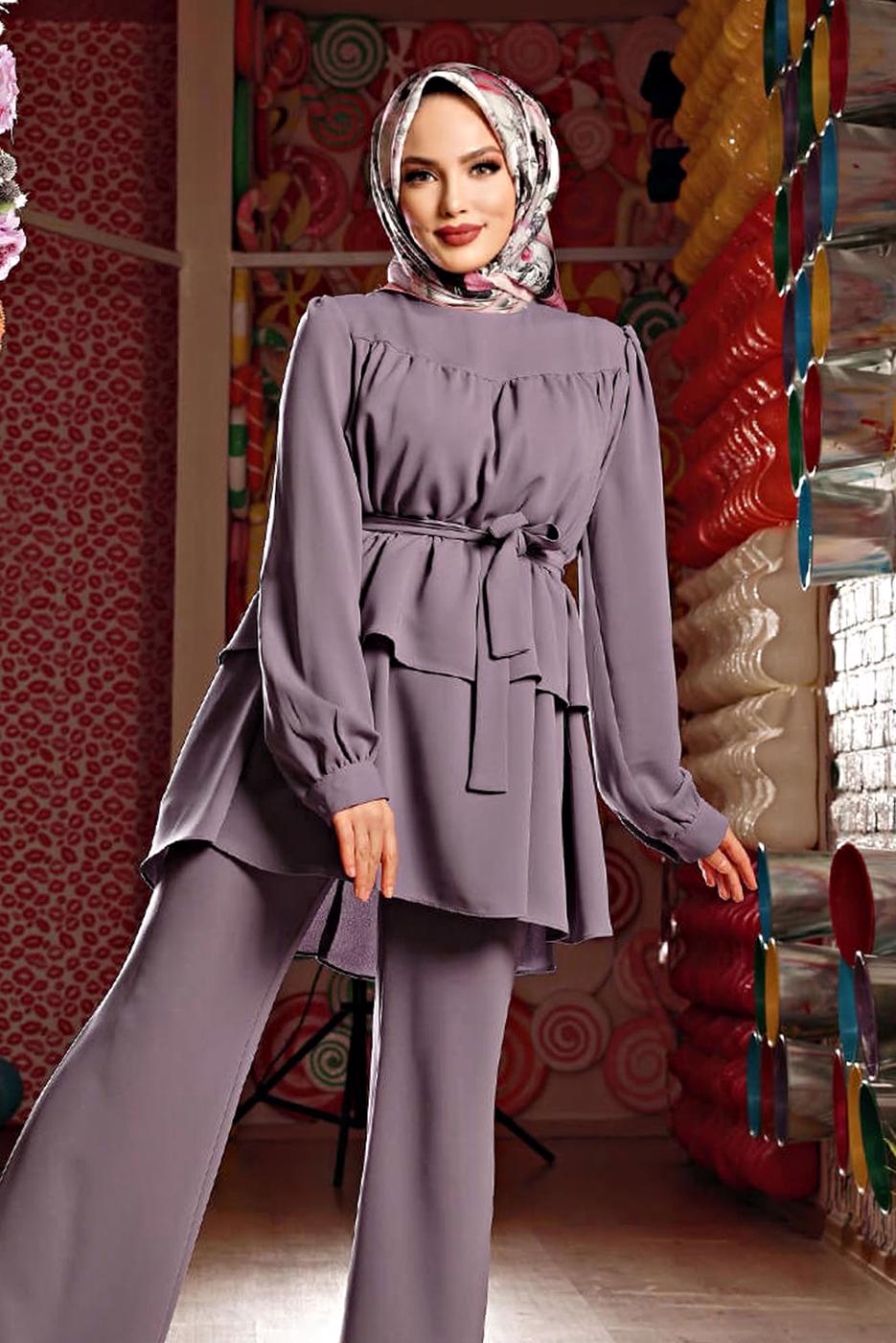 Tesettür giyim MOR BELİ KUŞAKLI İKİLİ PANT. TAKIM 2438