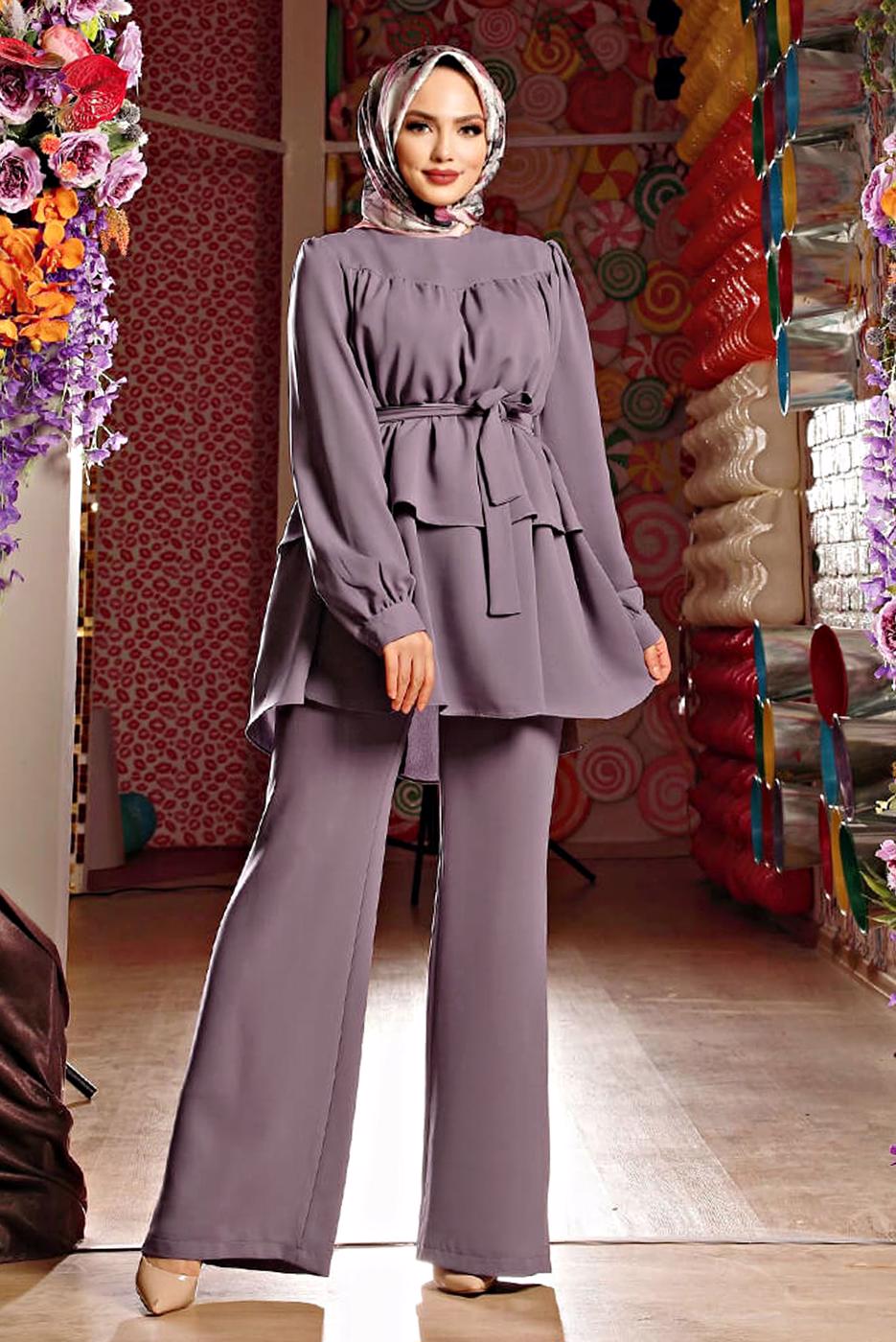 Tesettür giyim MOR BELİ KUŞAKLI İKİLİ PANT. TAKIM 2438