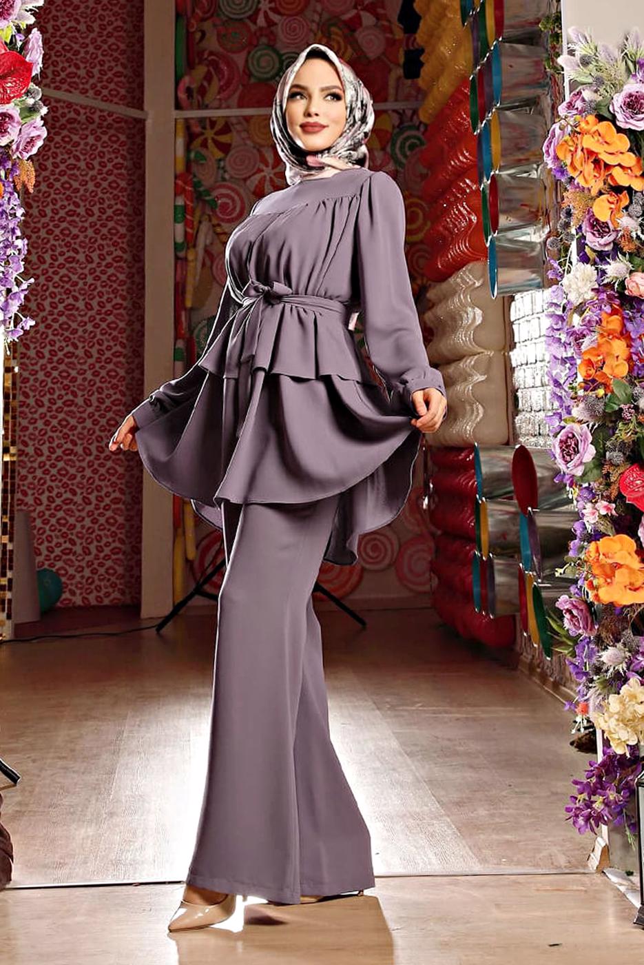 Tesettür giyim MOR BELİ KUŞAKLI İKİLİ PANT. TAKIM 2438
