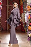 Tesettür giyim MOR BELİ KUŞAKLI İKİLİ PANT. TAKIM 2438