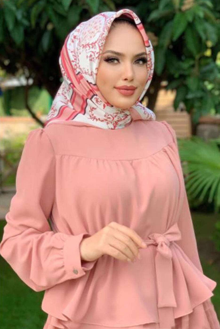 Tesettür giyim PUDRA BELİ KUŞAKLI İKİLİ PANT. TAKIM 2438