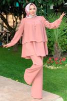 Tesettür giyim PUDRA BELİ KUŞAKLI İKİLİ PANT. TAKIM 2438