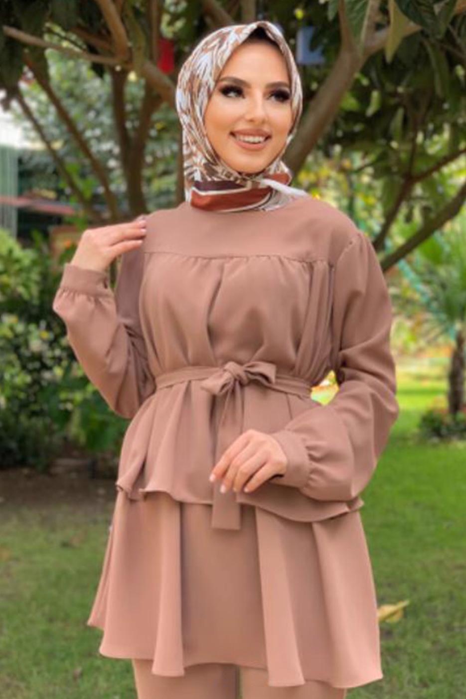 Tesettür giyim TABA BELİ KUŞAKLI İKİLİ PANT. TAKIM 2438