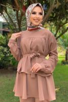 Tesettür giyim TABA BELİ KUŞAKLI İKİLİ PANT. TAKIM 2438