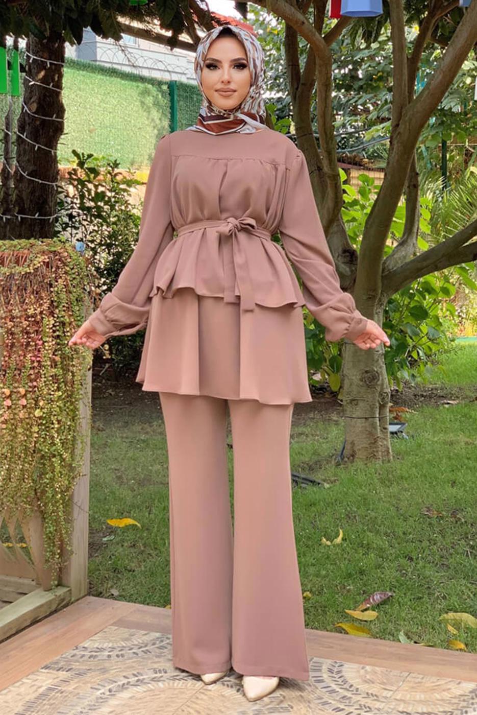 Tesettür giyim TABA BELİ KUŞAKLI İKİLİ PANT. TAKIM 2438