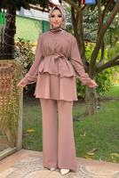 Tesettür giyim TABA BELİ KUŞAKLI İKİLİ PANT. TAKIM 2438