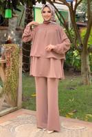 Tesettür giyim TABA BELİ KUŞAKLI İKİLİ PANT. TAKIM 2438