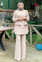 Tesettür giyim BEJ BELİ KUŞAKLI İKİLİ PANT. TAKIM 2438
