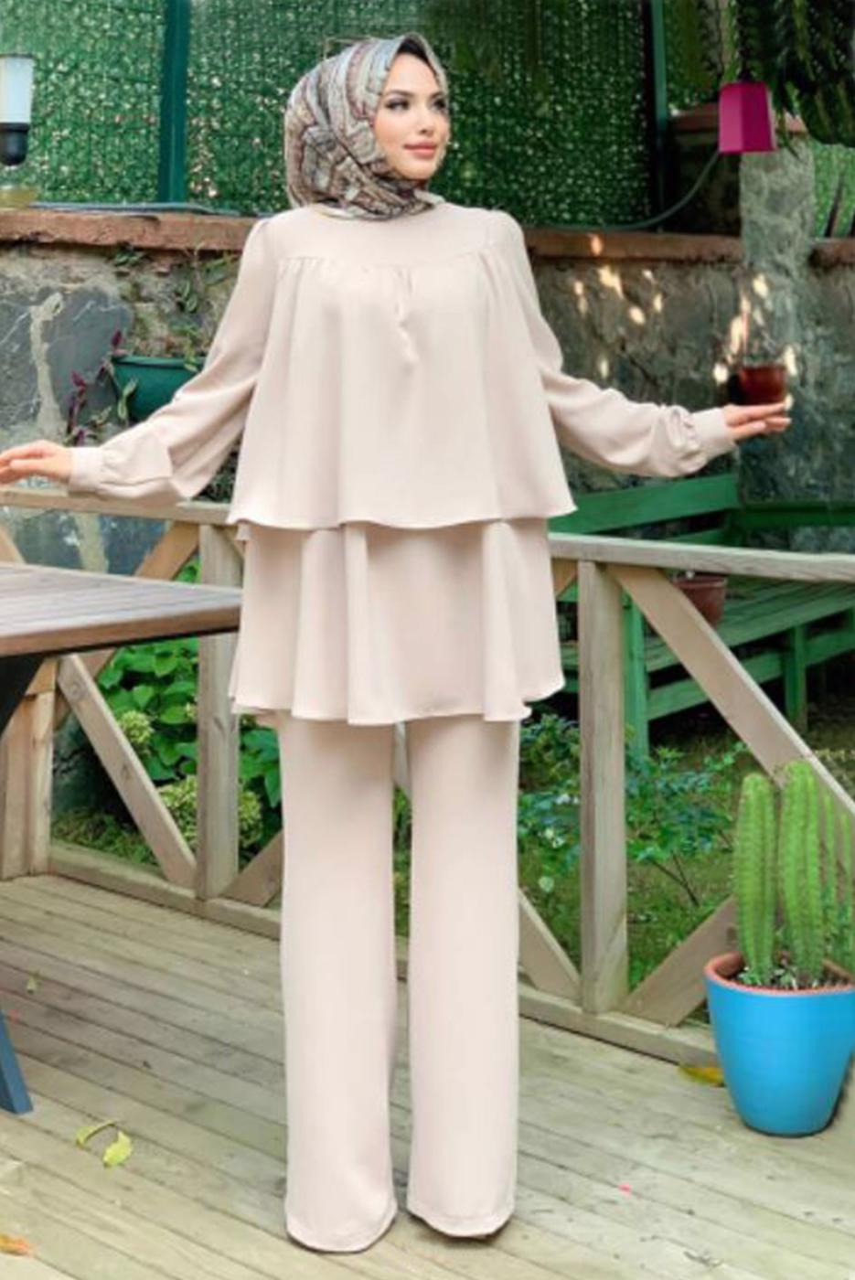 Tesettür giyim BEJ BELİ KUŞAKLI İKİLİ PANT. TAKIM 2438