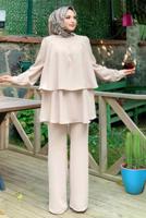 Tesettür giyim BEJ BELİ KUŞAKLI İKİLİ PANT. TAKIM 2438