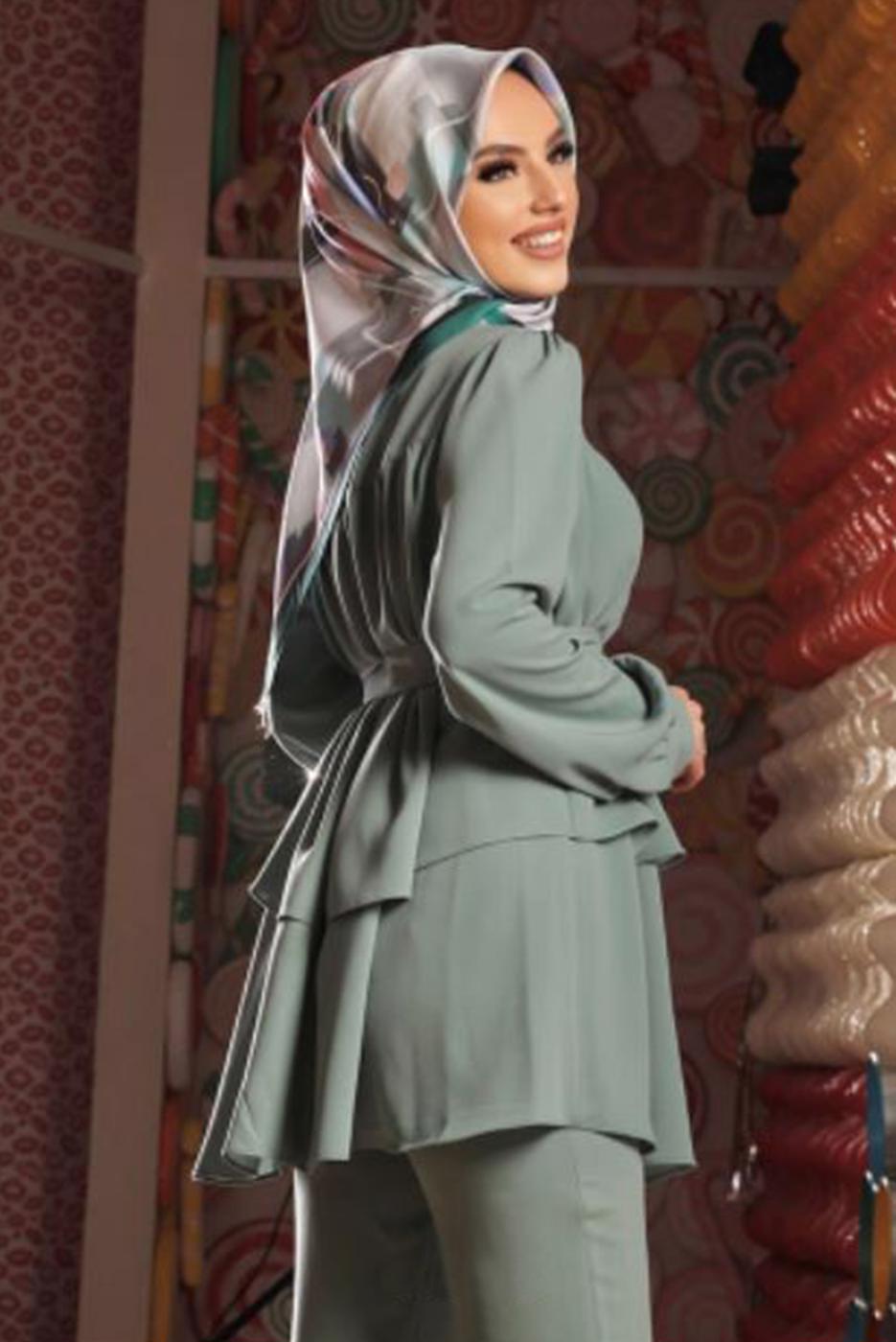 Tesettür giyim YEŞİL BELİ KUŞAKLI İKİLİ PANT. TAKIM 2438