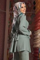 Tesettür giyim YEŞİL BELİ KUŞAKLI İKİLİ PANT. TAKIM 2438