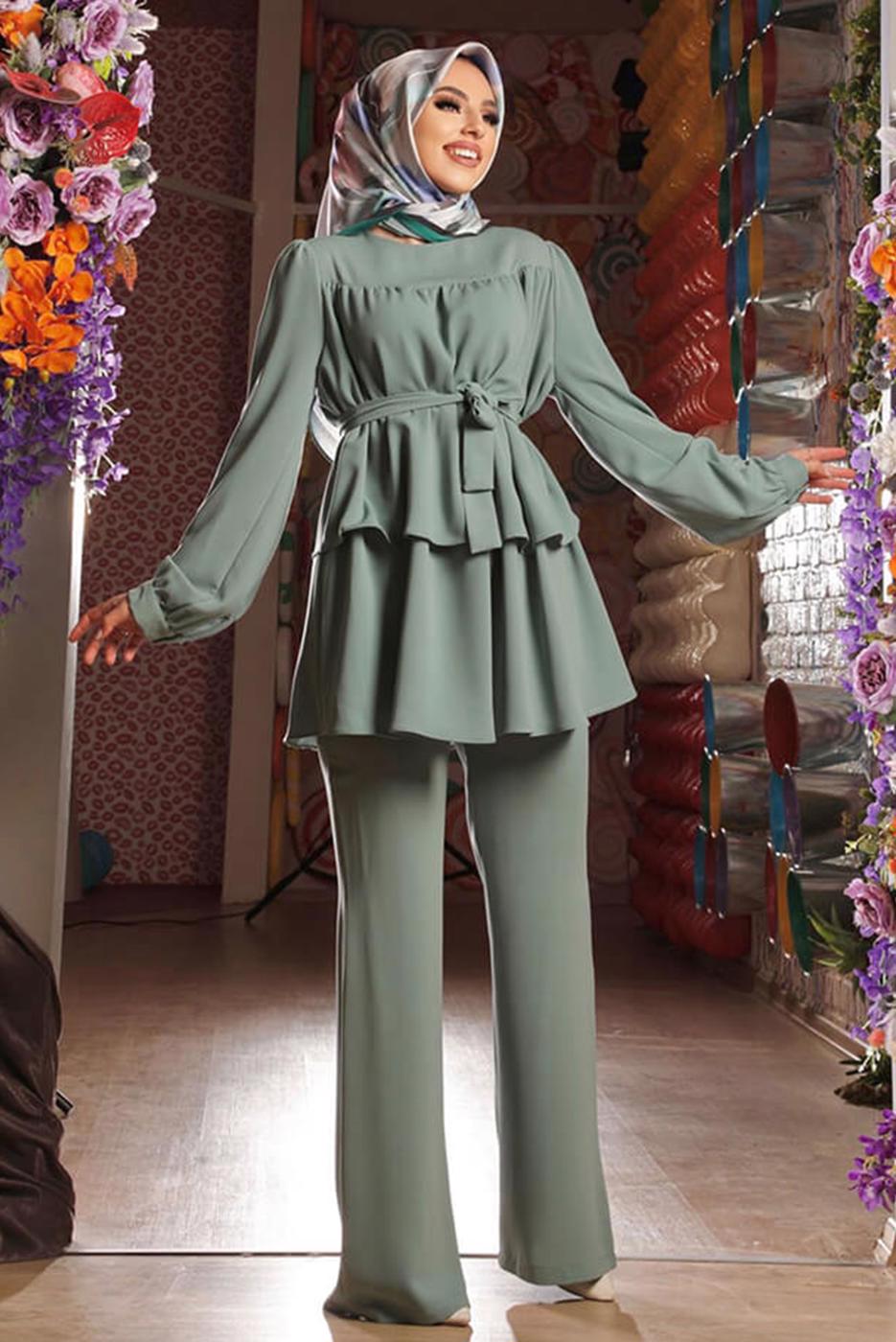 Tesettür giyim YEŞİL BELİ KUŞAKLI İKİLİ PANT. TAKIM 2438