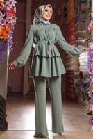 Tesettür giyim YEŞİL BELİ KUŞAKLI İKİLİ PANT. TAKIM 2438