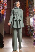 Tesettür giyim YEŞİL BELİ KUŞAKLI İKİLİ PANT. TAKIM 2438