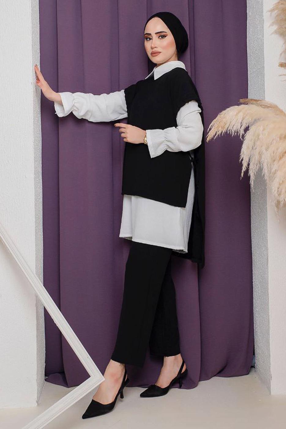 Tesettür giyim SİYAH YANDAN BAĞLAMALI ÜÇLÜ PANT. TAKIM 2742  
