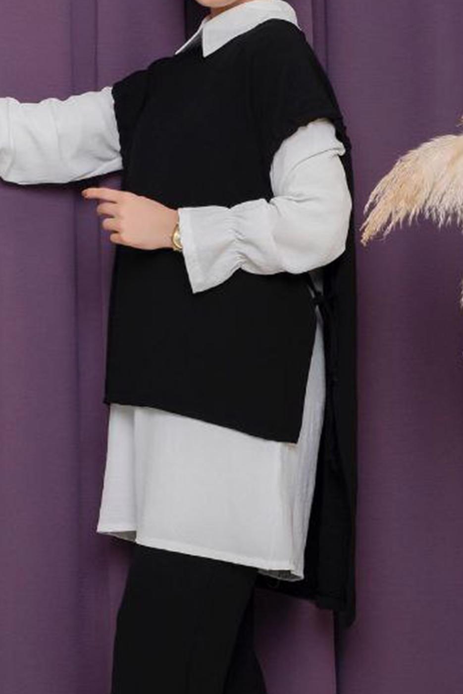 Tesettür giyim SİYAH YANDAN BAĞLAMALI ÜÇLÜ PANT. TAKIM 2742  