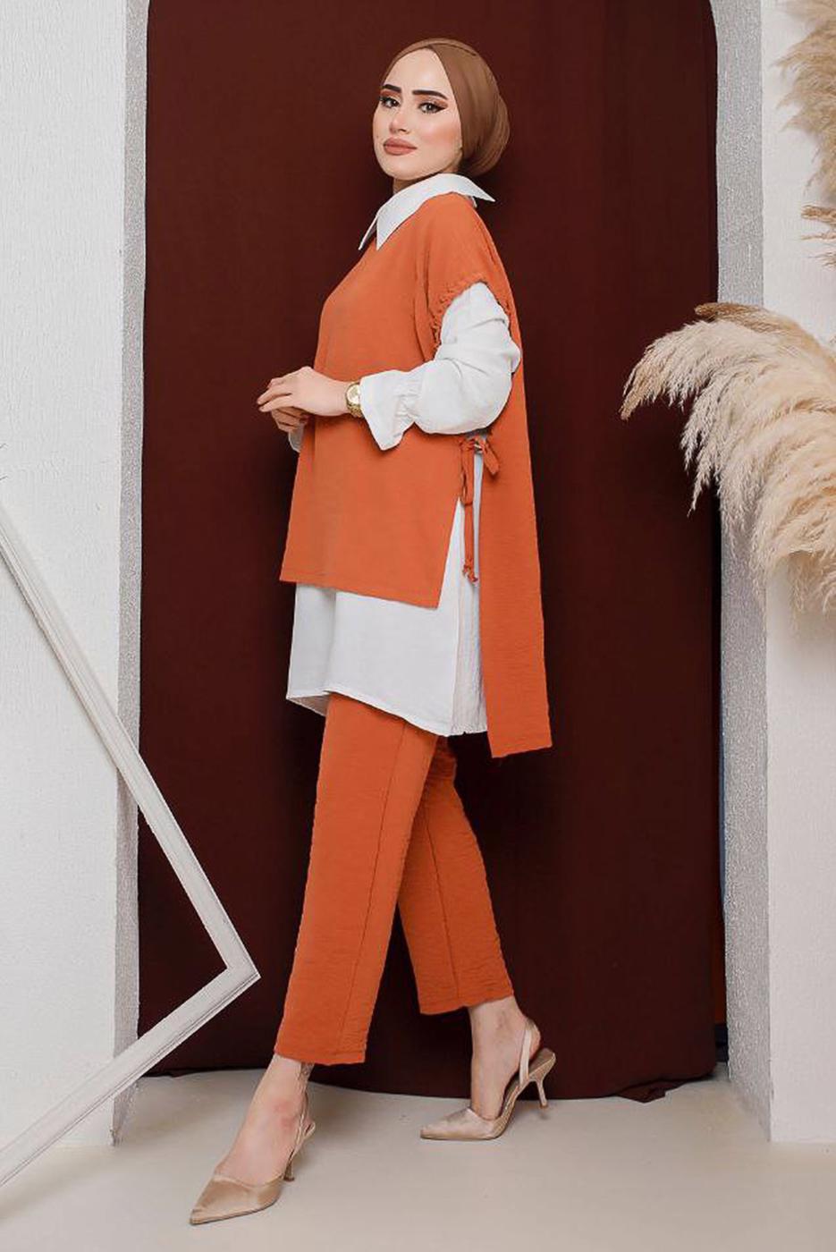 Tesettür giyim KAHVE YANDAN BAĞLAMALI ÜÇLÜ PANT. TAKIM 2742  