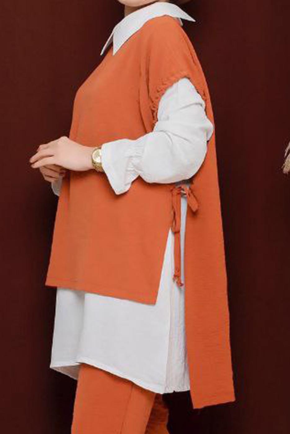 Tesettür giyim KAHVE YANDAN BAĞLAMALI ÜÇLÜ PANT. TAKIM 2742  