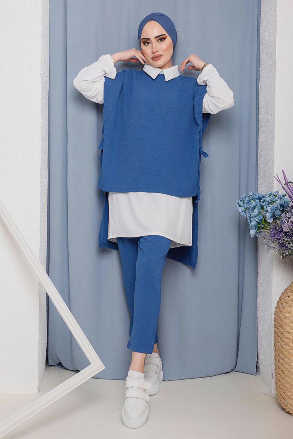 Tesettür giyim LACİVERT YANDAN BAĞLAMALI ÜÇLÜ PANT. TAKIM 2742  