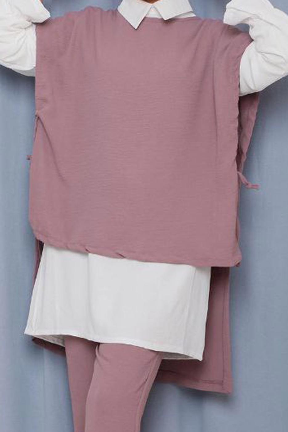 Tesettür giyim PEMBE YANDAN BAĞLAMALI ÜÇLÜ PANT. TAKIM 2742  