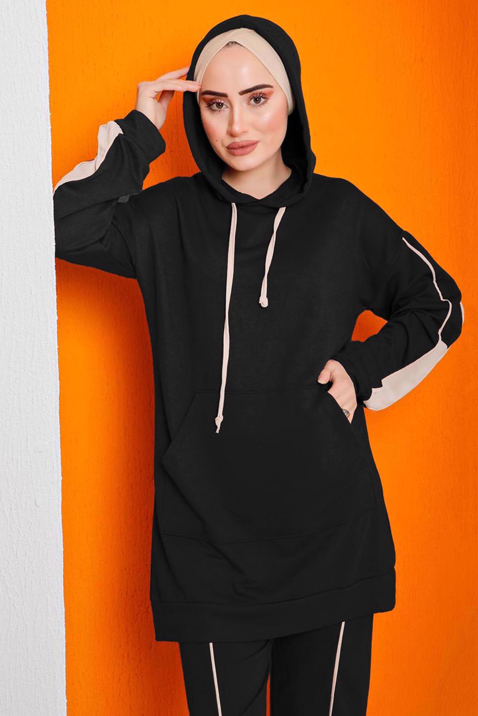 Hijab clothing BLACK 2-COLORED PANTS TRACKSUIT SET 2822 