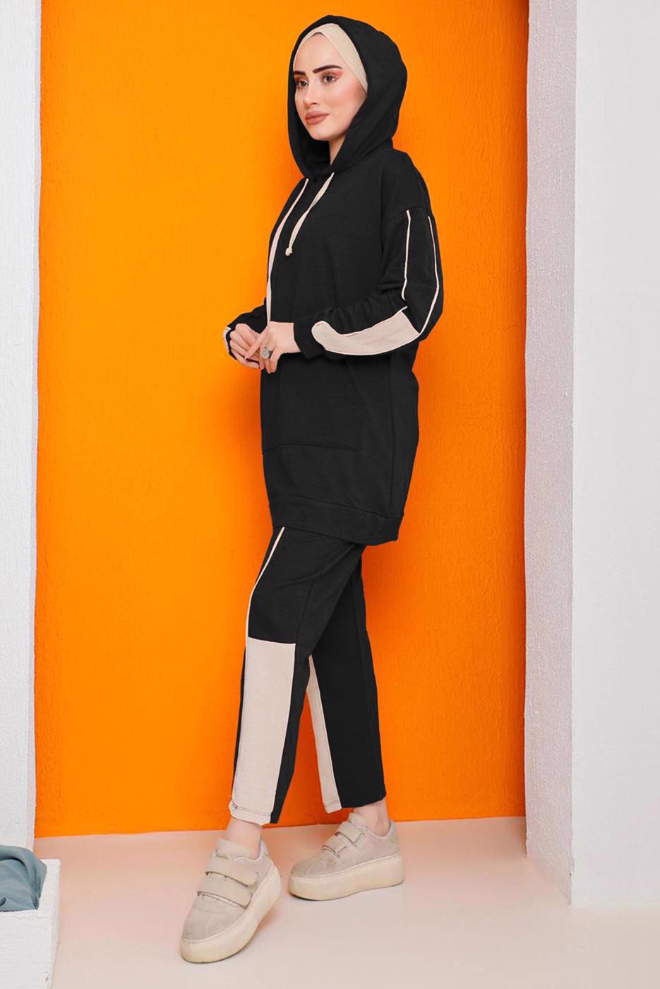 Hijab clothing BLACK 2-COLORED PANTS TRACKSUIT SET 2822 