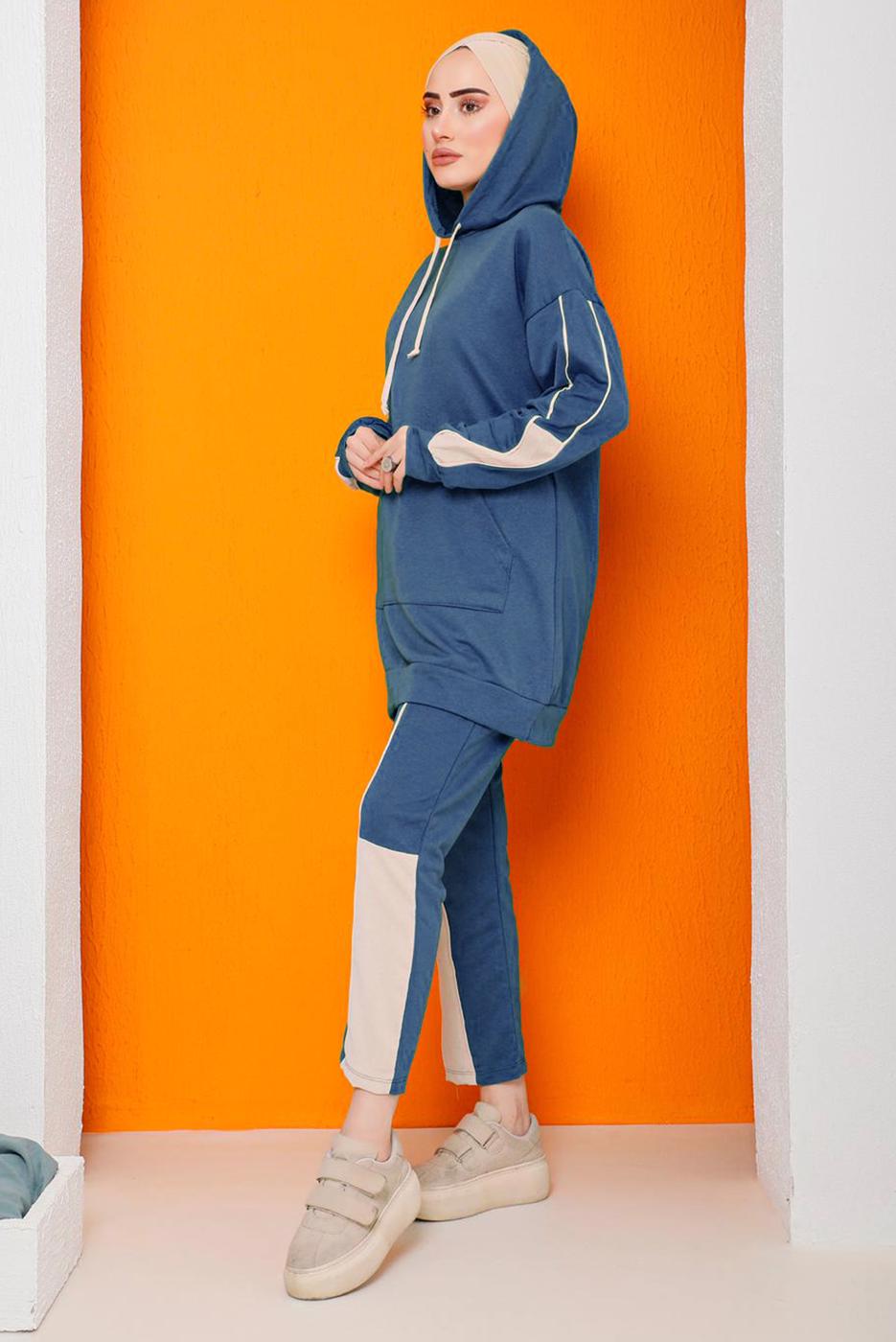 Hijab clothing NAVY BLUE 2-COLORED PANTS TRACKSUIT SET 2822 