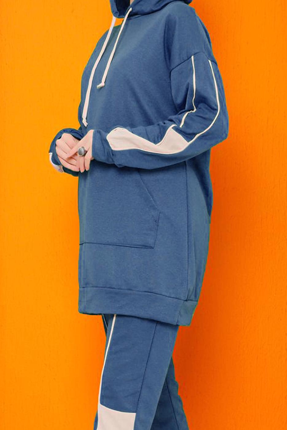 Hijab clothing NAVY BLUE 2-COLORED PANTS TRACKSUIT SET 2822 